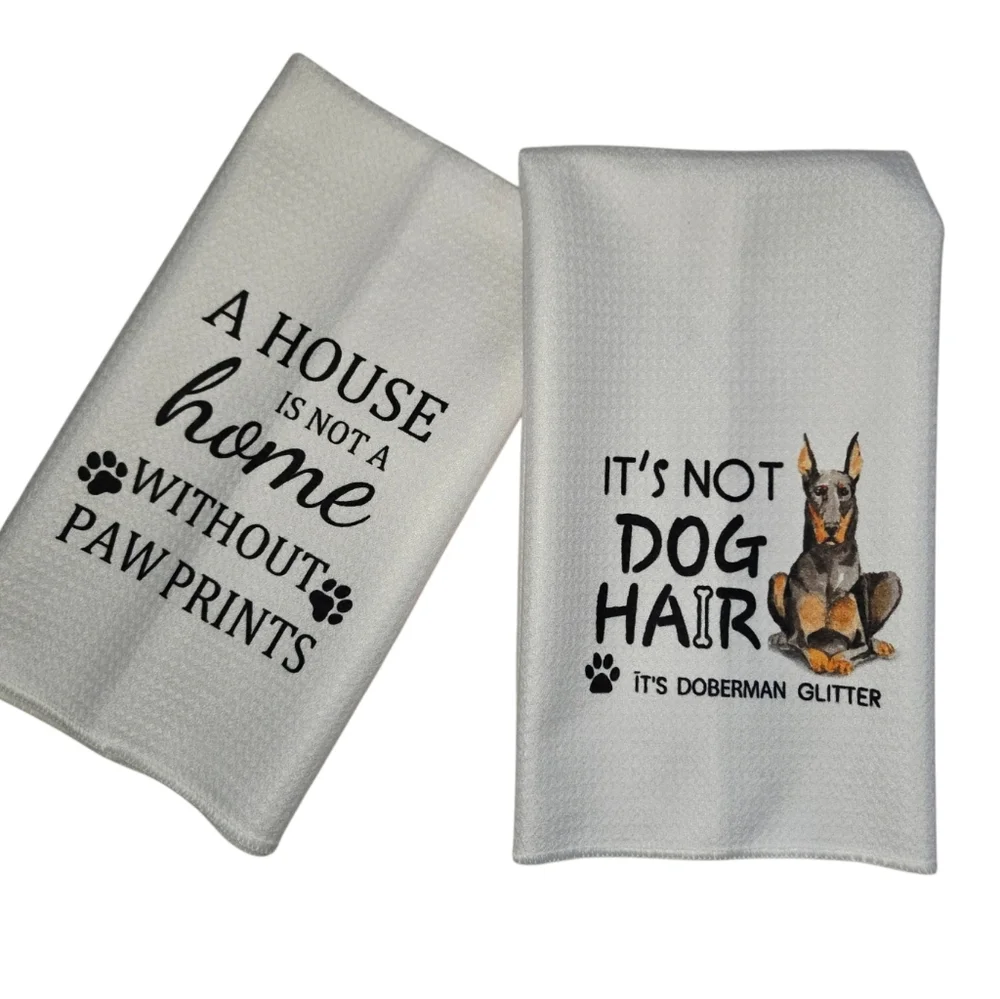 Dog Towels - White Doberman pincher dog glitter kitchen towel set